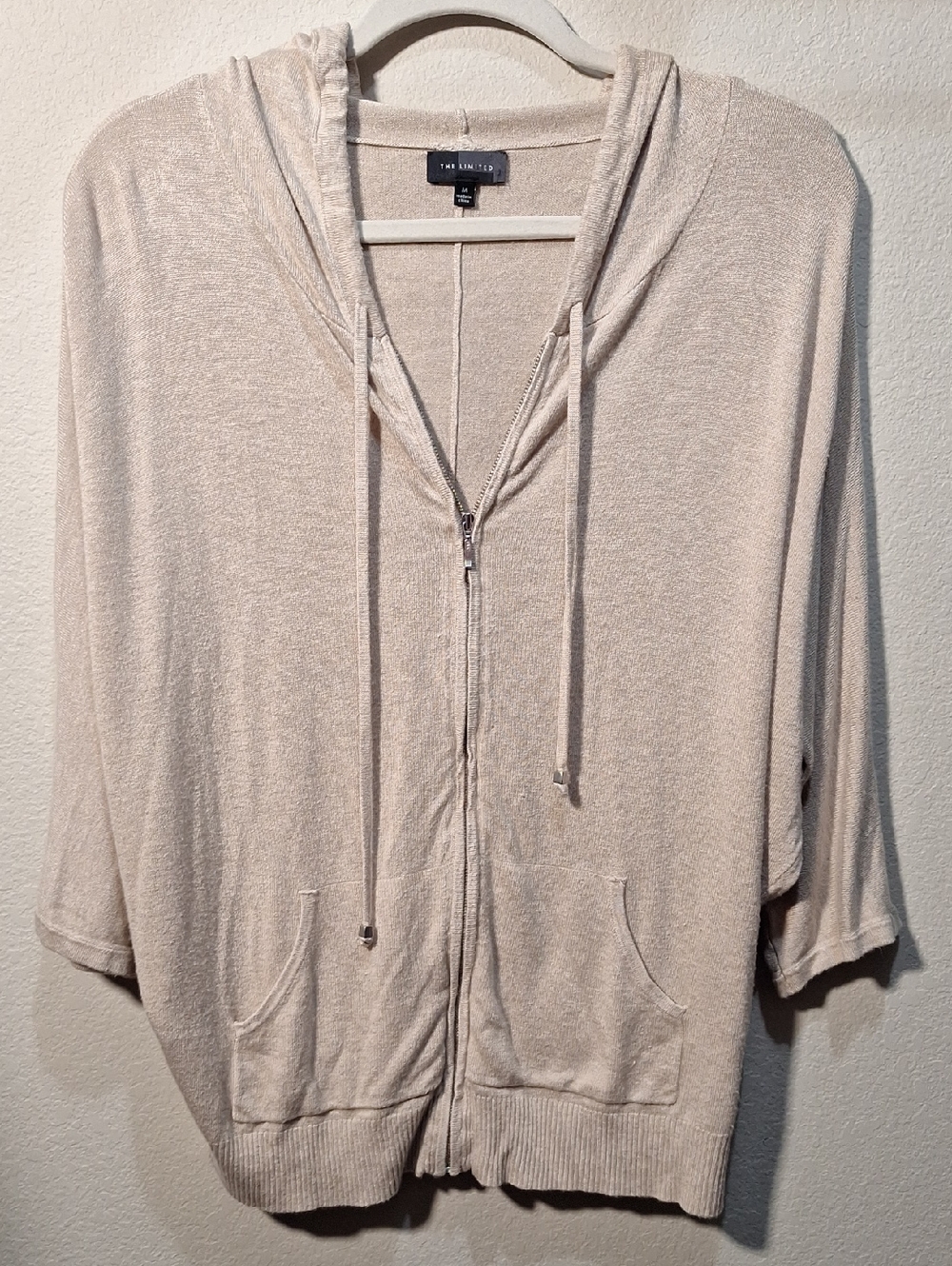 The Limited Light Beige Zip-Up 3/4 Summer Hooded Cardigan, Medium